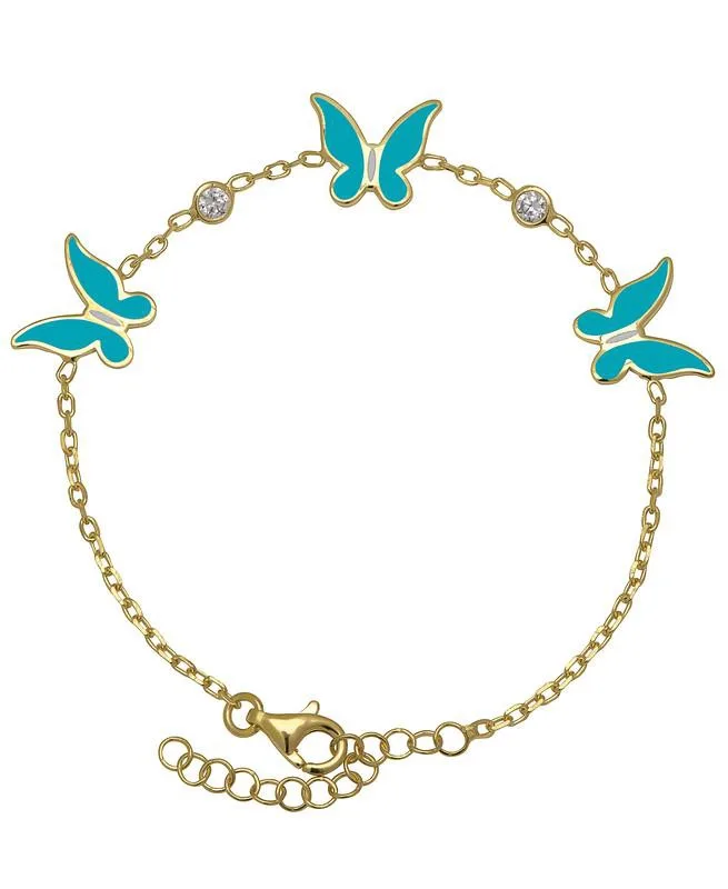 Enamel Butterflies and Cubic Zirconia Bezel Station Chain Link Bracelet in 14K by Lily Nily