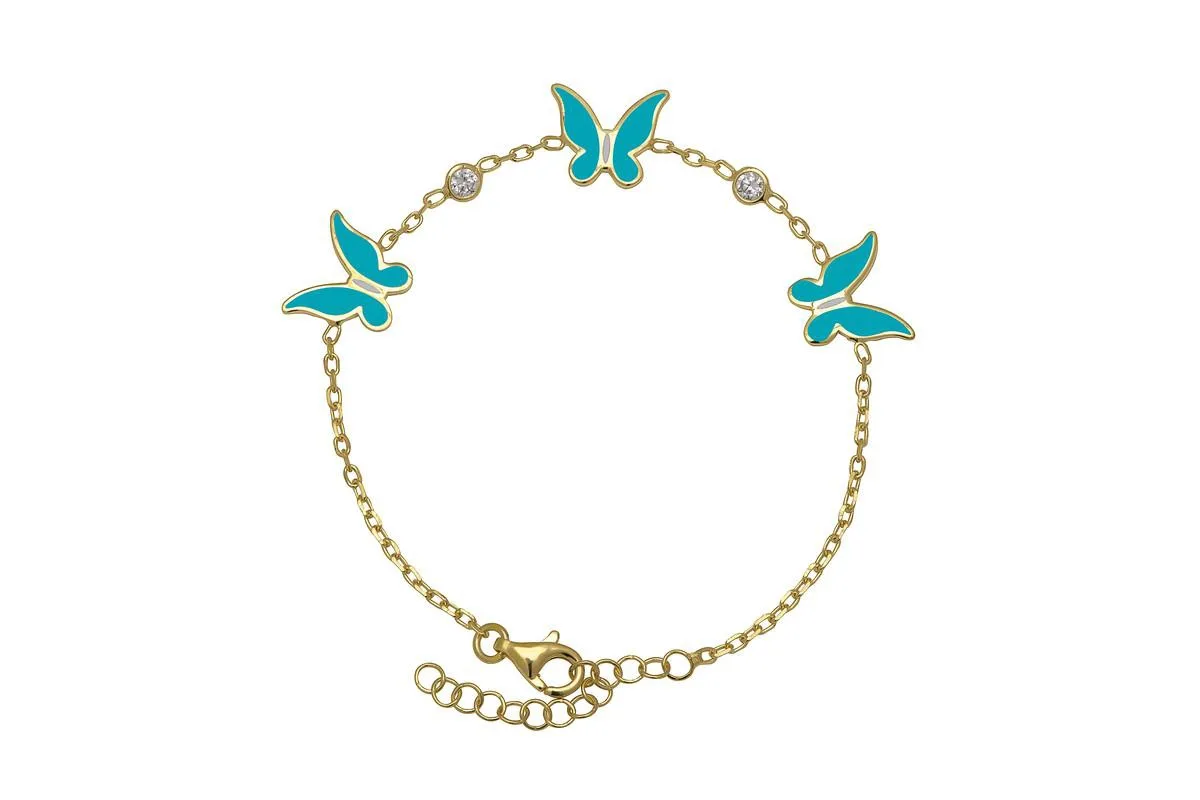 Enamel Butterflies and Cubic Zirconia Bezel Station Chain Link Bracelet in 14K