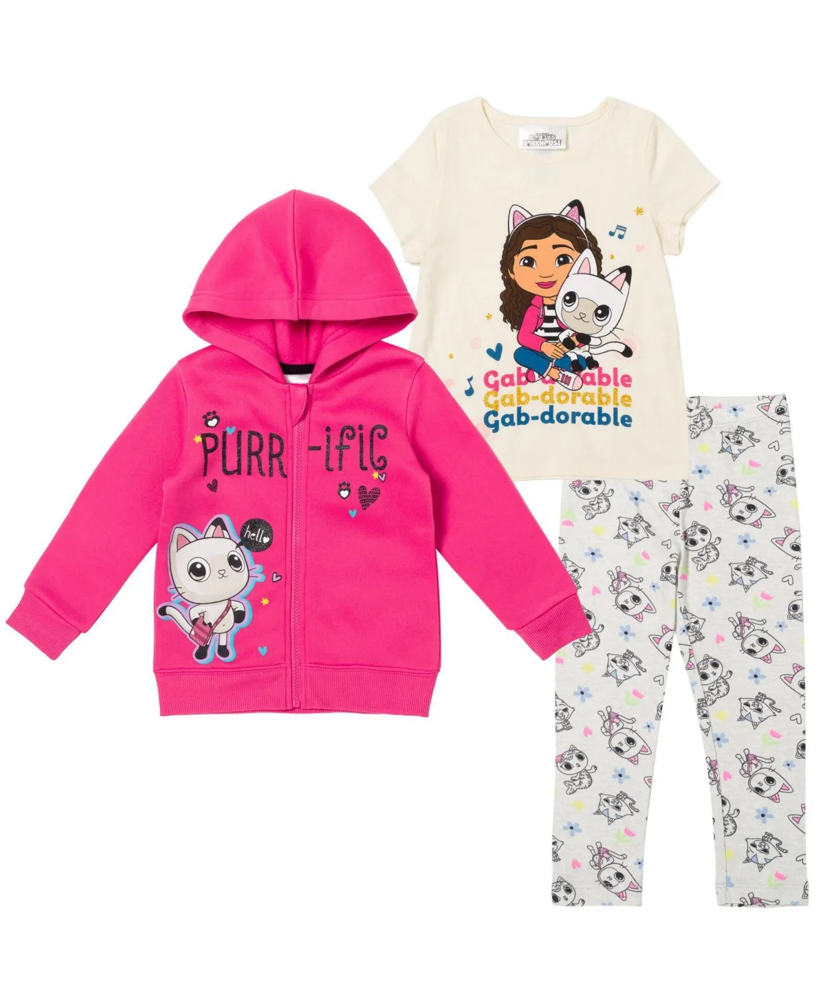 Dreamworks Gabbys Dollhouse Pandy Paws Zip Up Fleece Hoodie Graphic T-Shirt and Leggings 3 Piece Outfit Set by Gabby's Dollhouse