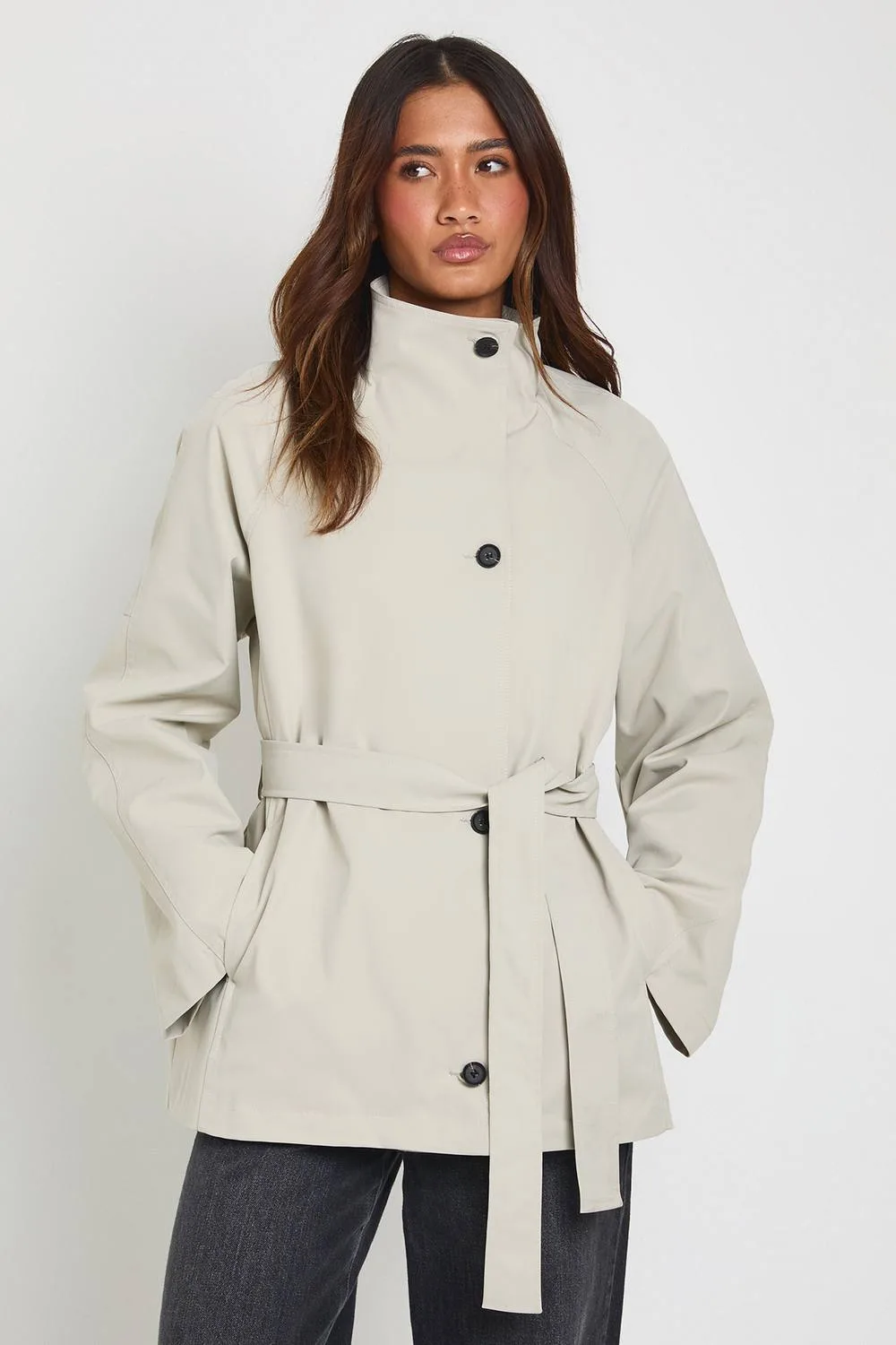 Funnel Neck Asymmetric Belted Oversized Trench Jacket by boohoo