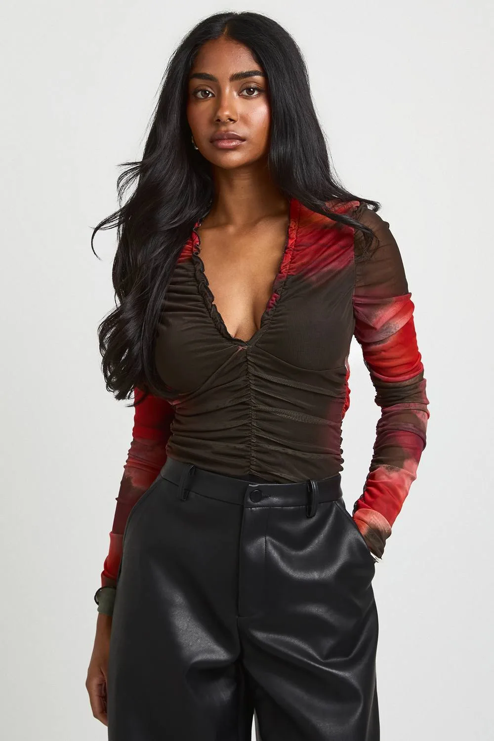 Floral Printed Mesh Ruched Neckline Long Sleeve Bodysuit by boohoo