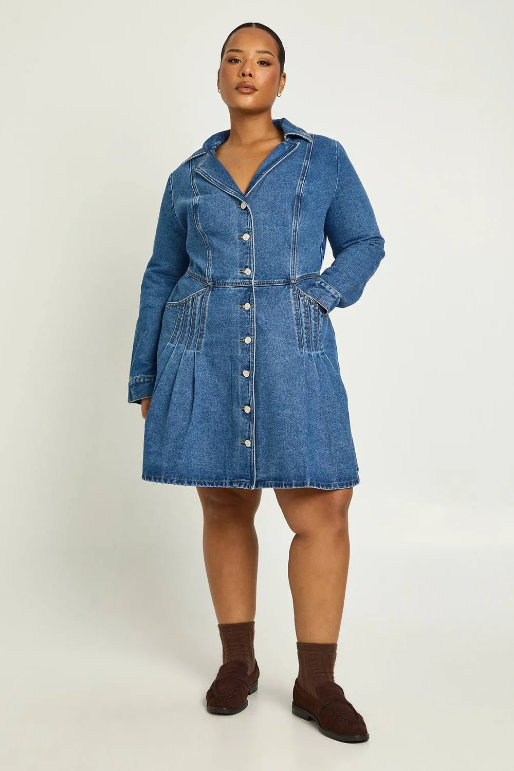Collared Button Down Long Sleeve Denim Mini Dress