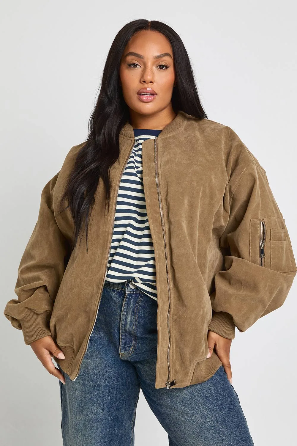 Vintage Suede Look Oversized Bomber Jacket by boohoo