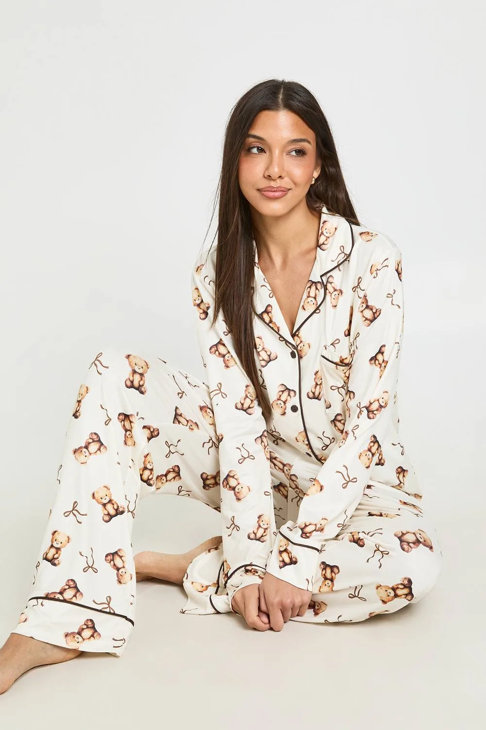 Bear & Bow Print Long Sleeve Shirt & Trouser Pyjama Set
