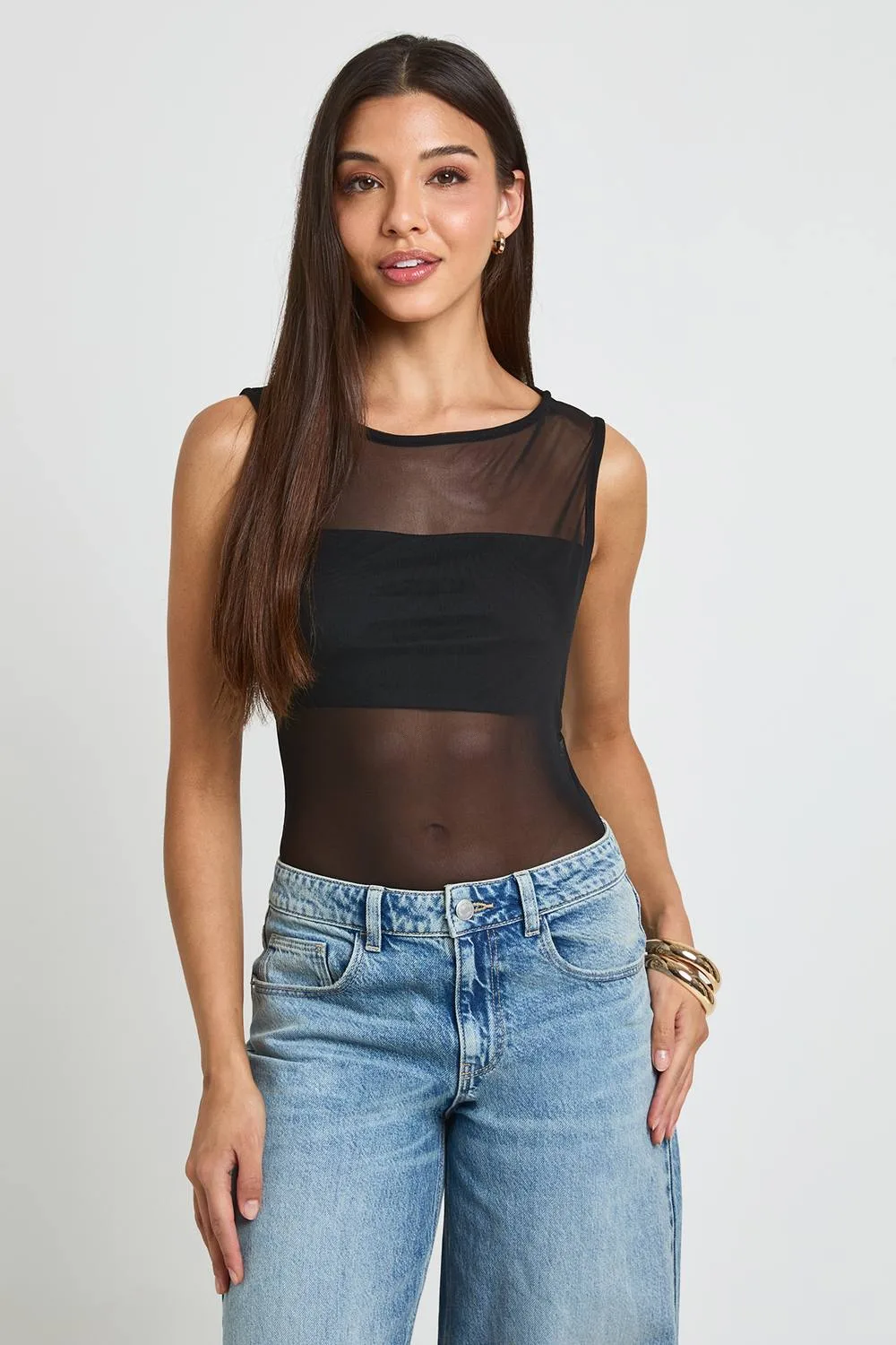 Sheer Mesh Panelled Sleeveless Bodysuit