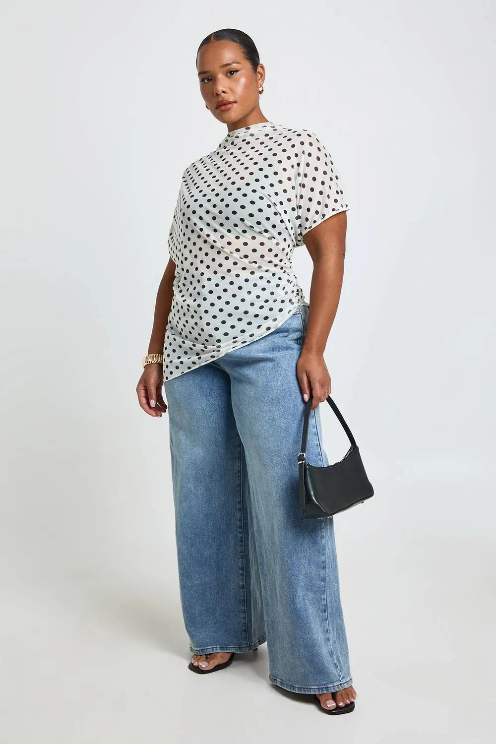 Mesh Polka Dot High Neck Ruched Side Asymmetric Top by boohoo
