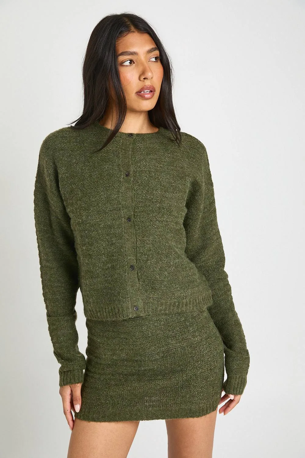 Textured Knit Button Through Knitted Cardigan & Mini Skirt Co-Ord by boohoo