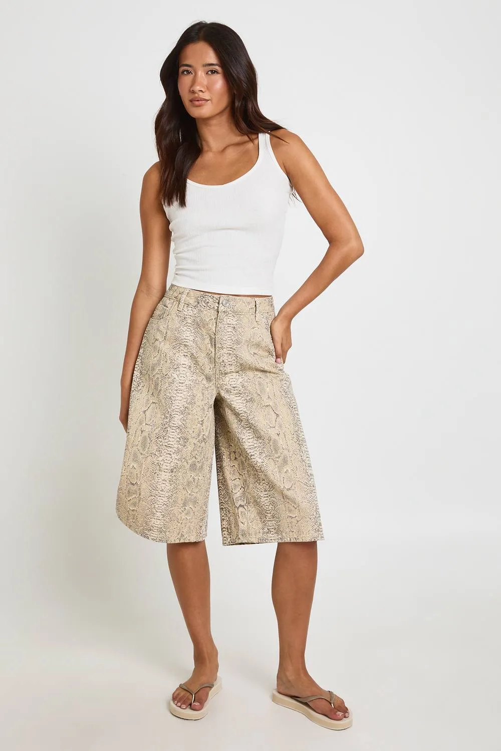 Snake Print Longline Mid Rise Denim Jort by boohoo