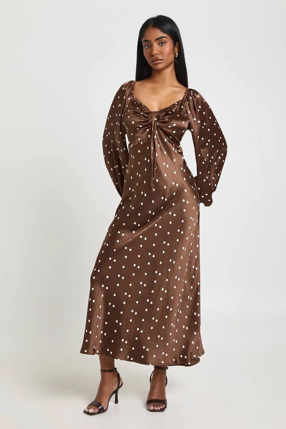 Polka Dot Volume Sleeve Satin Midaxi Dress by boohoo