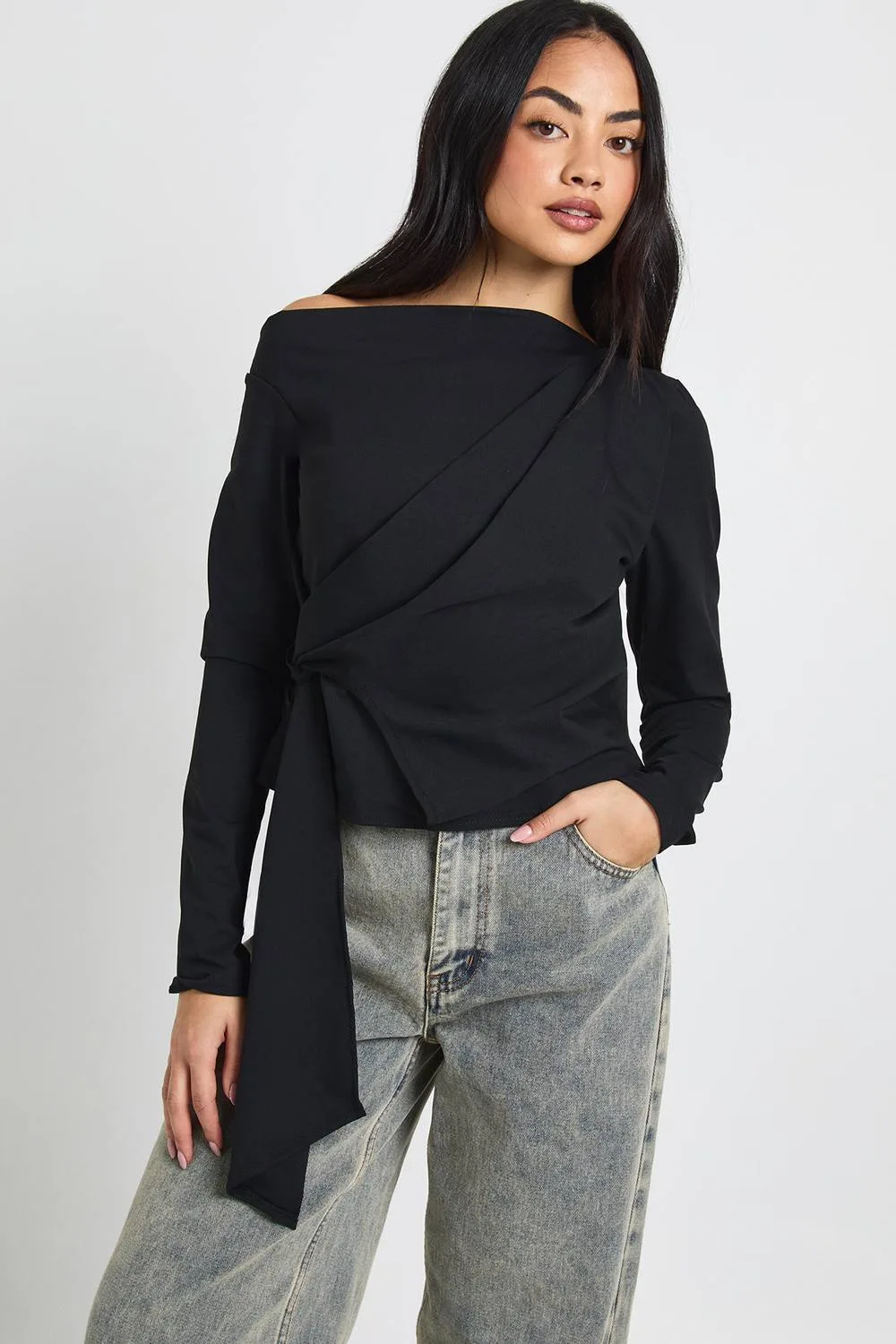 Asymmetric Neck Drape Detail Long Sleeve Top by boohoo