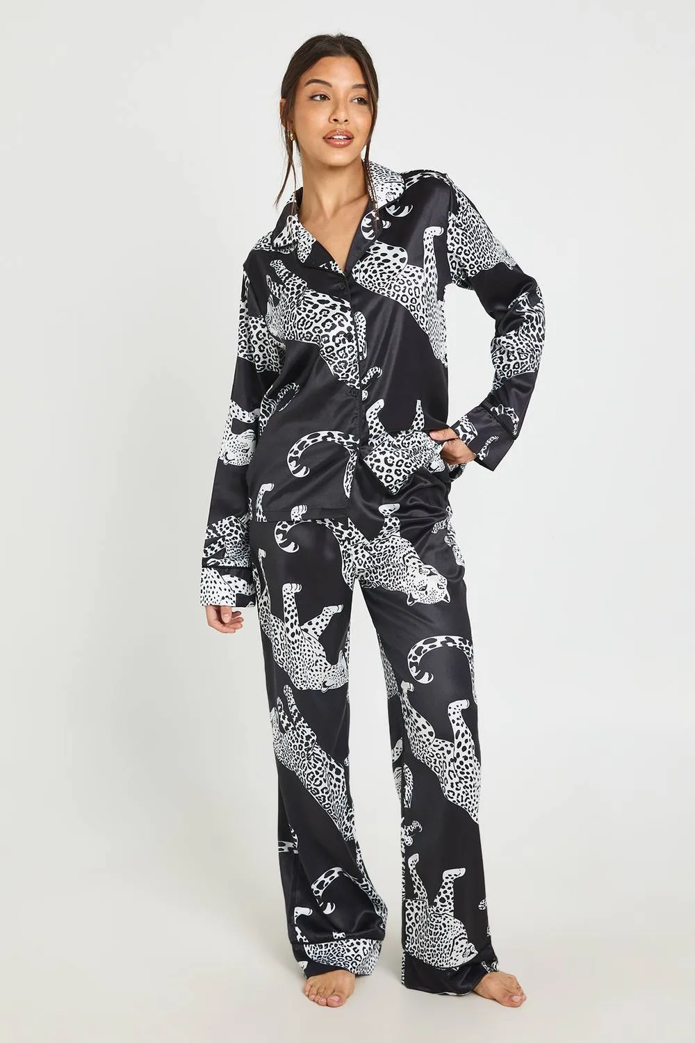 Satin Leopard Print Piping Detail Long Sleeve & Trouser Pyjama Set by boohoo