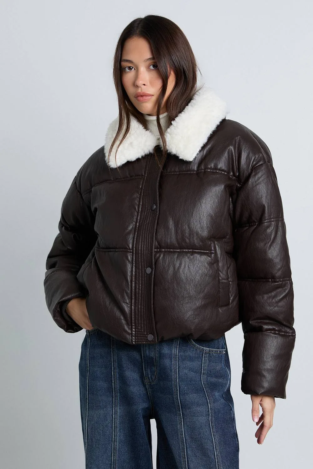 Faux Fur Collar Faux Leather Puffer Jacket by boohoo
