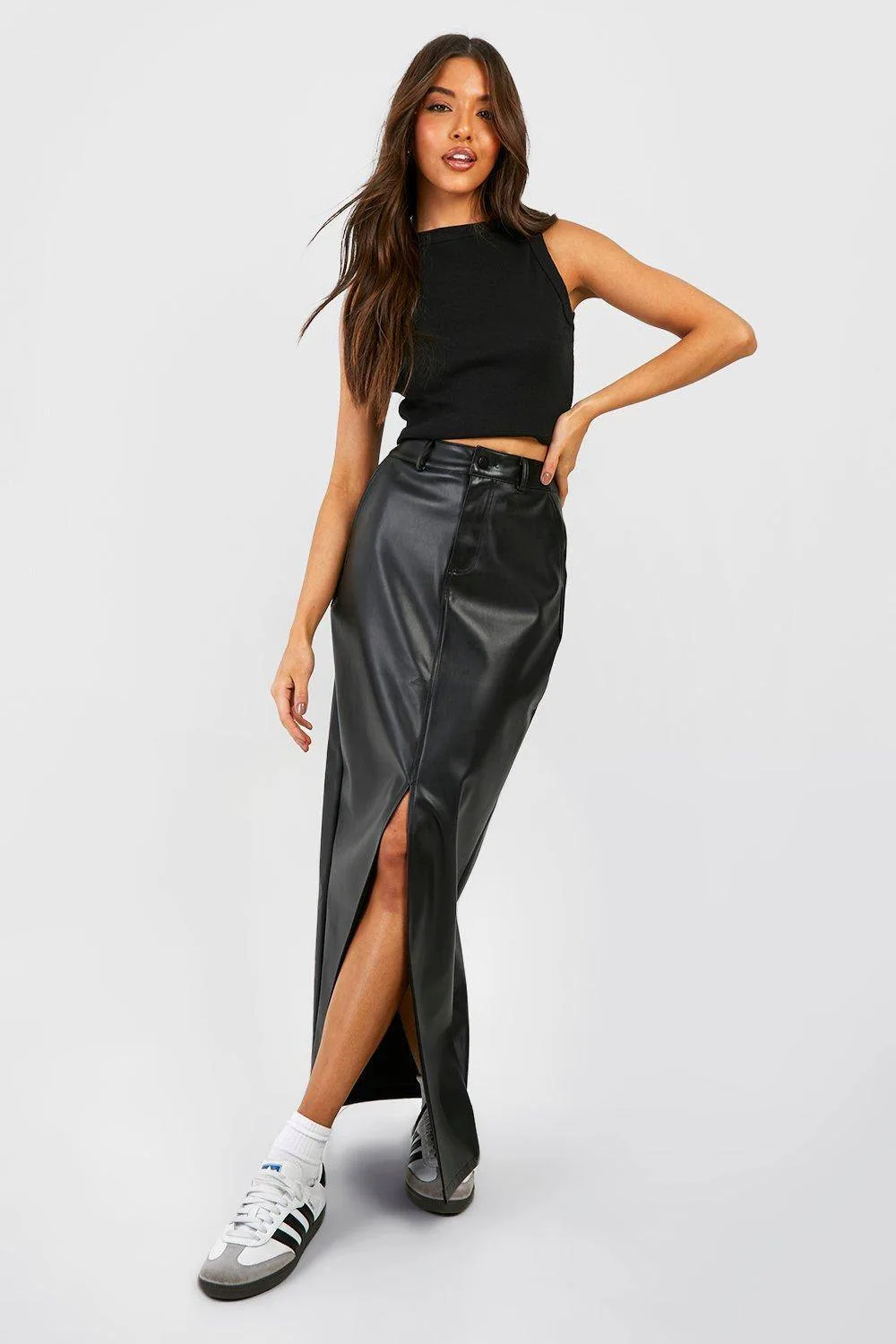 Leather Look High Waisted Split Maxi Skirt by boohoo