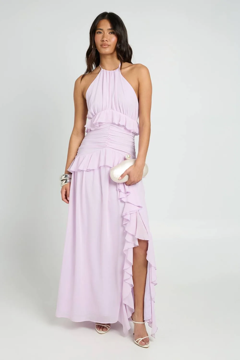 Halterneck Chiffon Ruffle Detail Maxi Dress