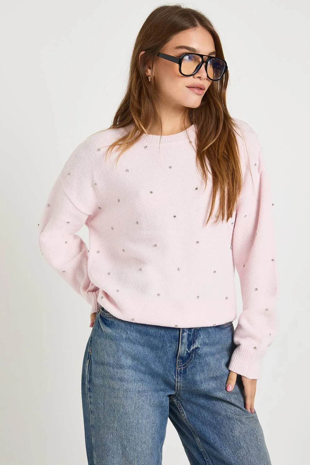 Diamante Crew Neck Jumper by boohoo