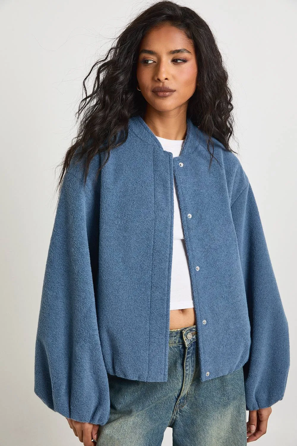 Balloon Sleeve Wool Look Bomber Jacket by boohoo