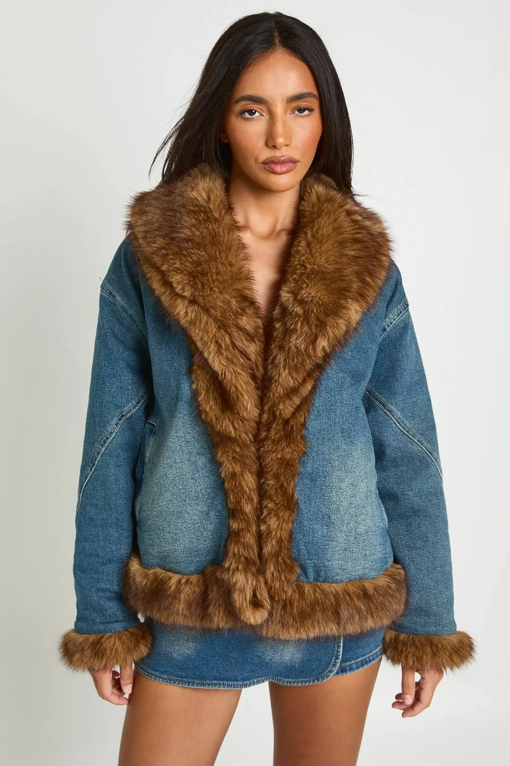 Faux Fur Trim Denim Jacket by boohoo