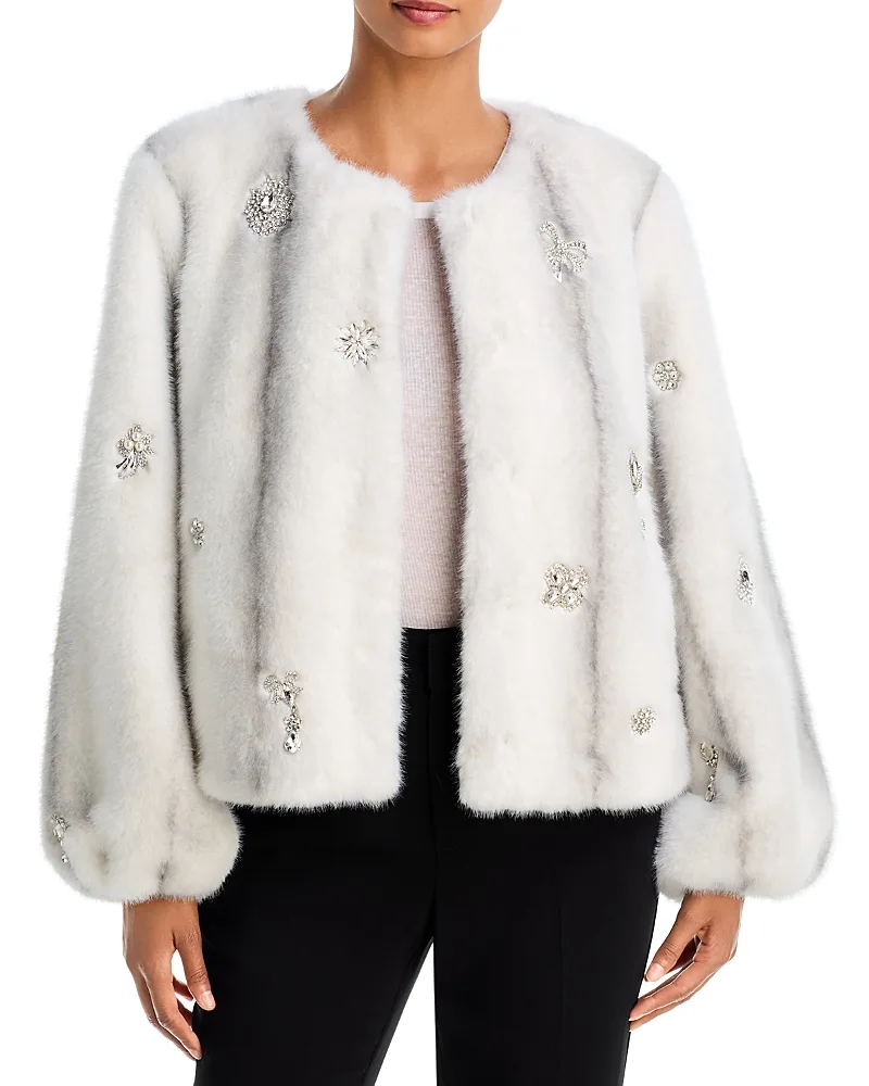 Benson Crystal Brooch Faux Fur Coat by Cinq a Sept