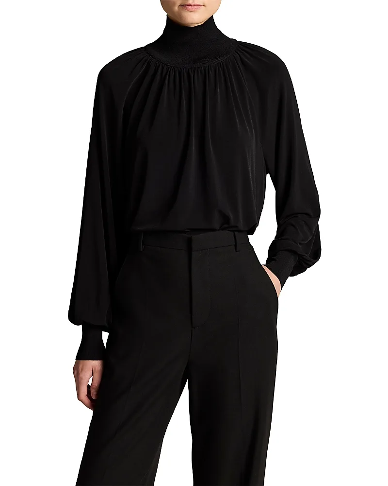 Rib Trim Long Sleeve Gathered Turtleneck Top by Vince