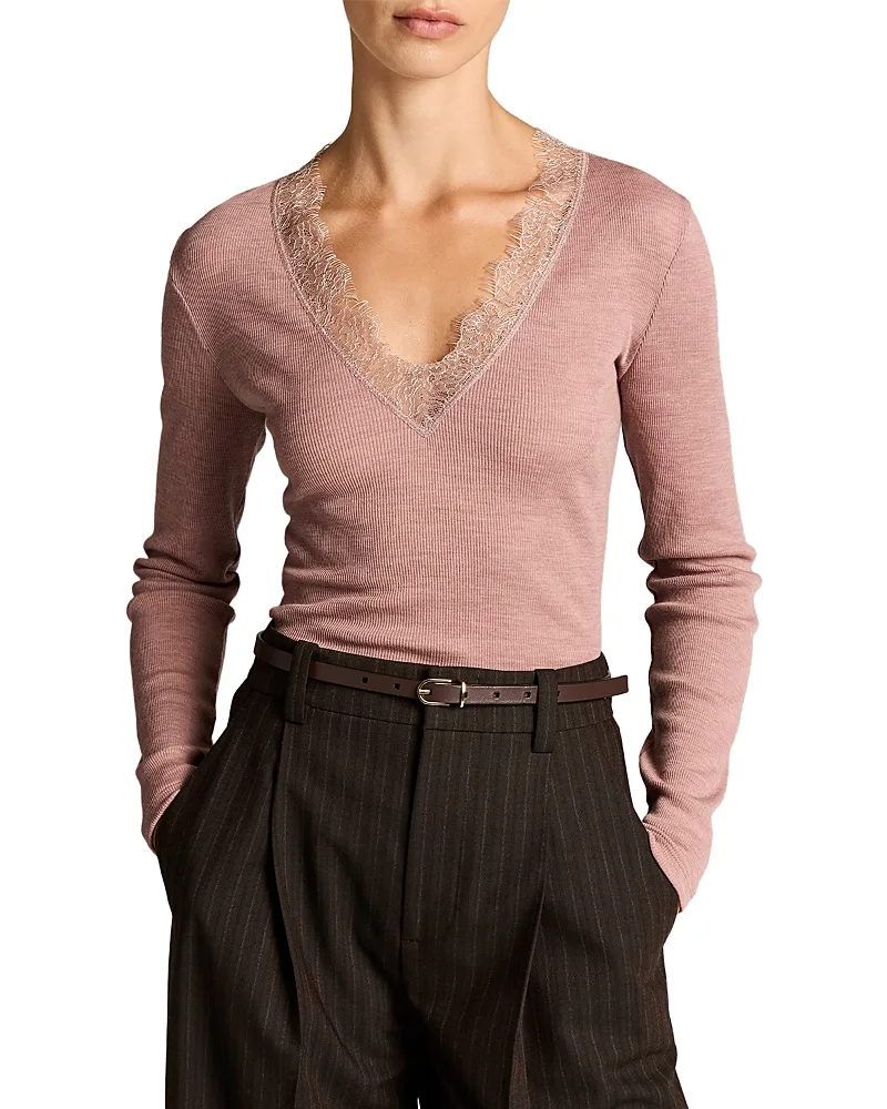 Lace Trim Long Sleeve V Neck Top by Vince