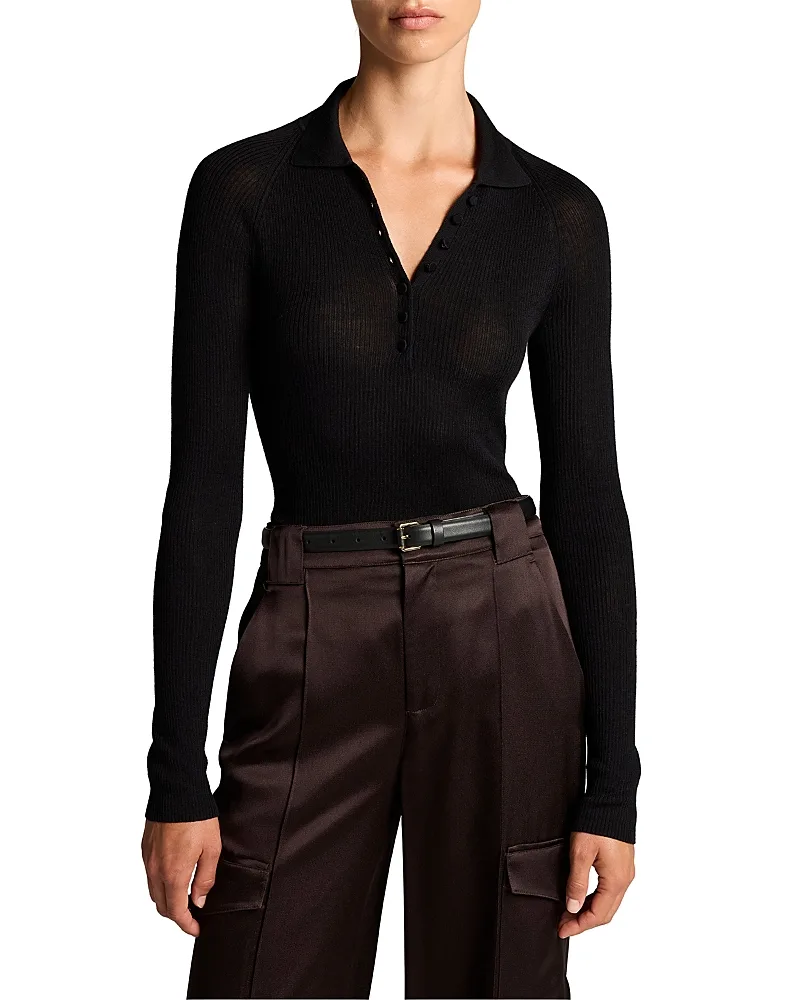 Wool Silk Ribbed Raglan Polo Top