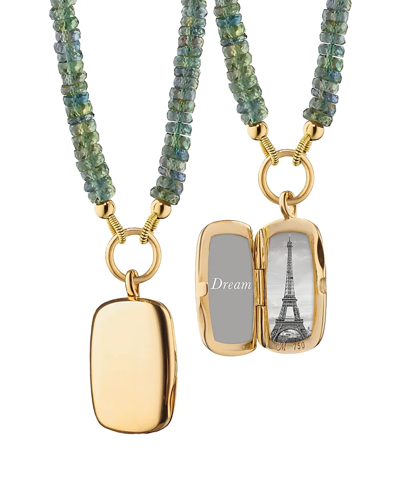 18K Yellow Gold Slim Lockets Green Sapphire Beaded Chain Rectangular Pendant Necklace, 16-18 by Monica Rich Kosann