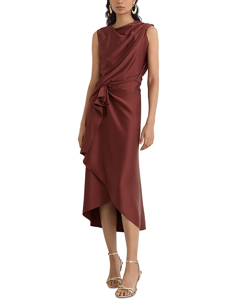 Satin Gathered Waist Midi Dress