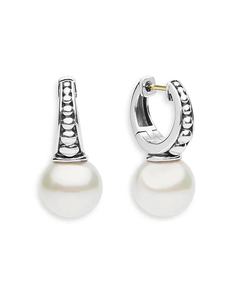 Sterling Silver Cultured Freshwater Pearl Luna Pearl Drop Huggie Hoop Earrings