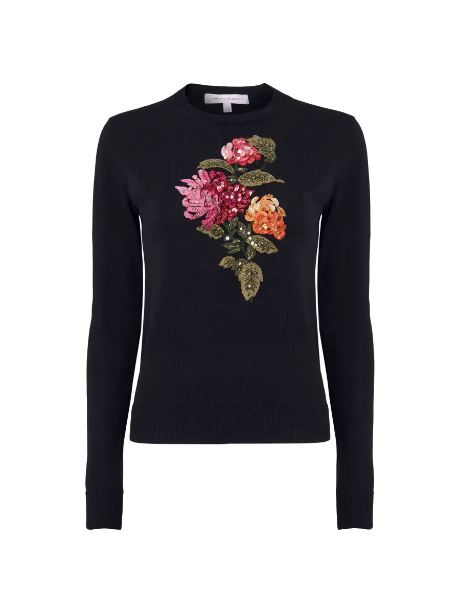 Sequined Chrysanthemum-Embroidered Silk-Cotton Sweater by Carolina Herrera