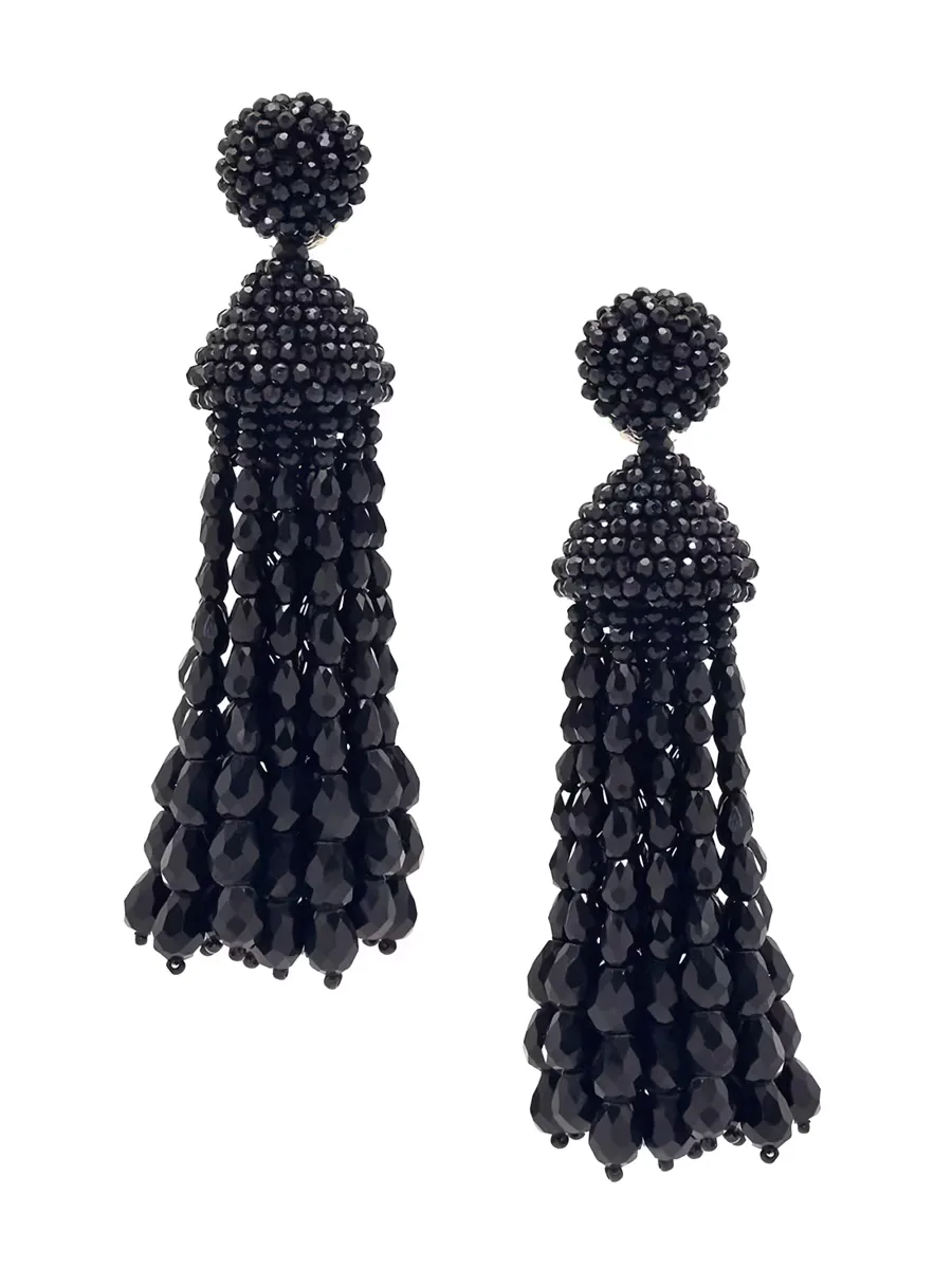 24K-Gold-Plated & Glass Beaded Tassel Clip-On Drop Earrings by Oscar de la Renta