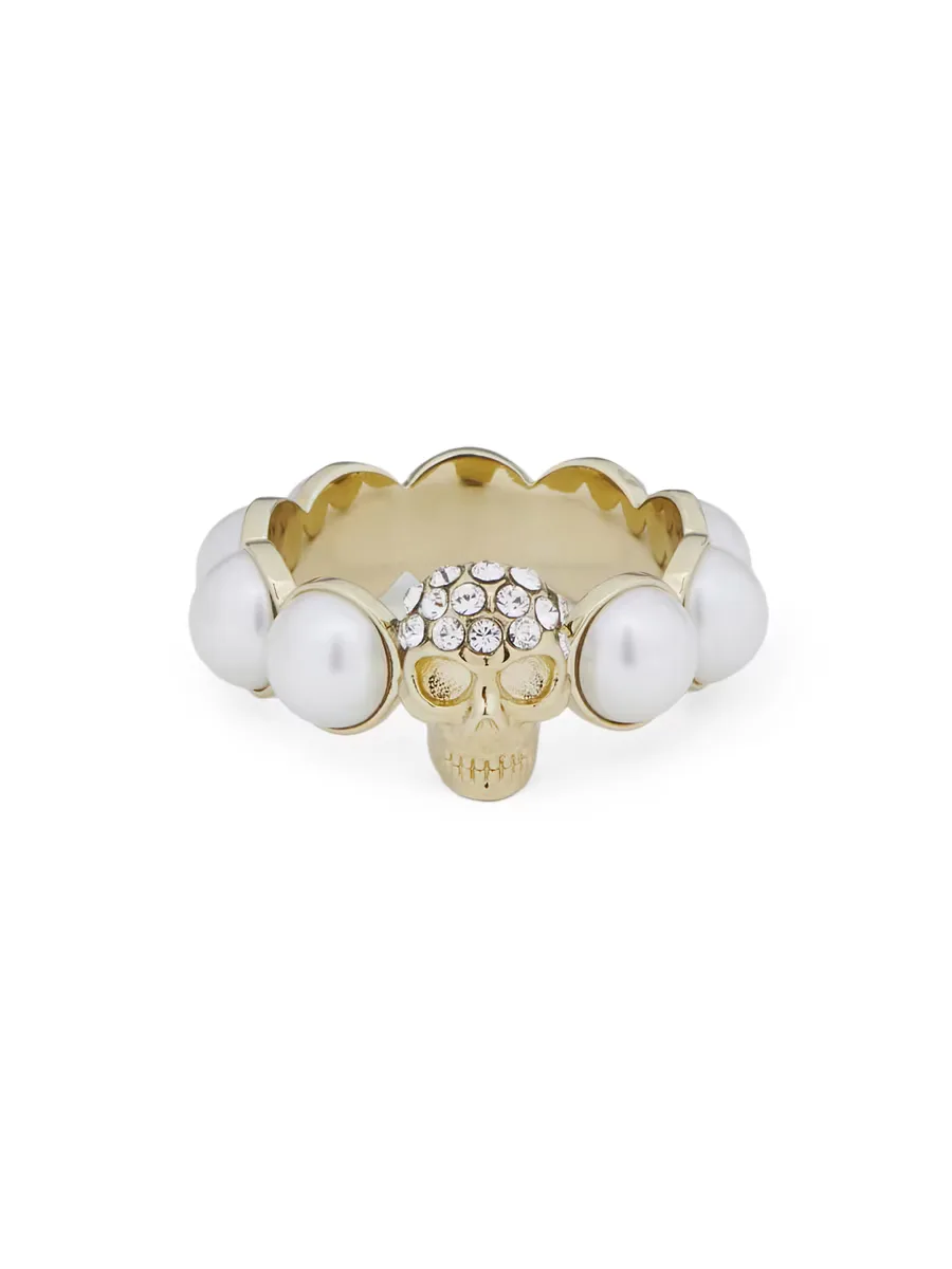 Goldtone, Imitation Pearl & Glass Crystal Skull Ring by McQueen