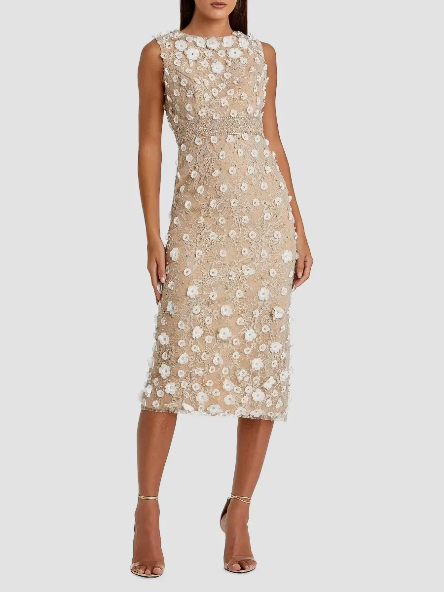 Floral-Appliqué Sleeveless Cocktail Dress