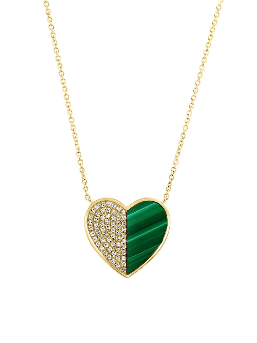 14K Yellow Gold, Malachite & 0.15 TCW Diamond Heart Pendant Necklace by Saks Fifth Avenue