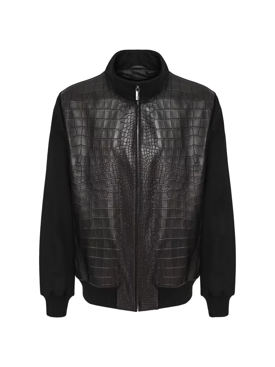 Loro Piana Wool Jacket with Croco Embossed Nappa Leather Front by Gorski