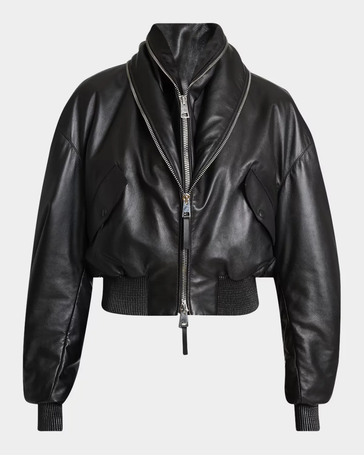 Double Shawl-Collar Leather Crop Bomber Jacket