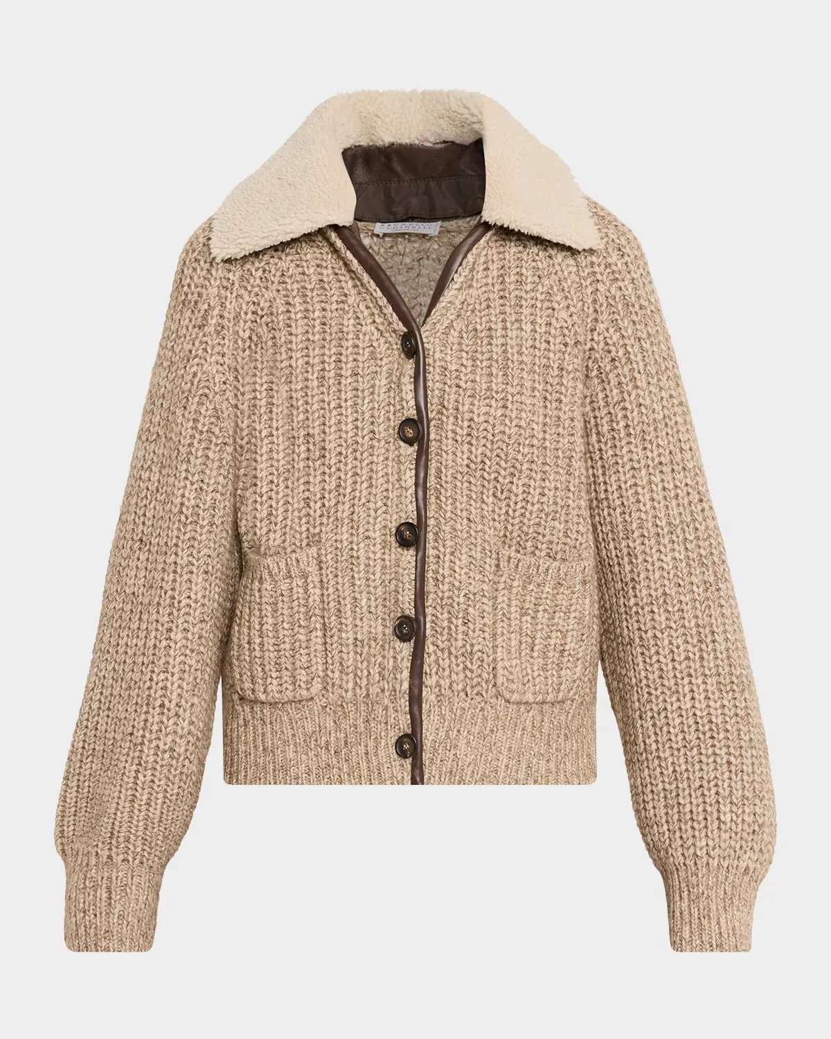 Lamb Shearling Collar Cashmere-Wool Cardigan by Brunello Cucinelli