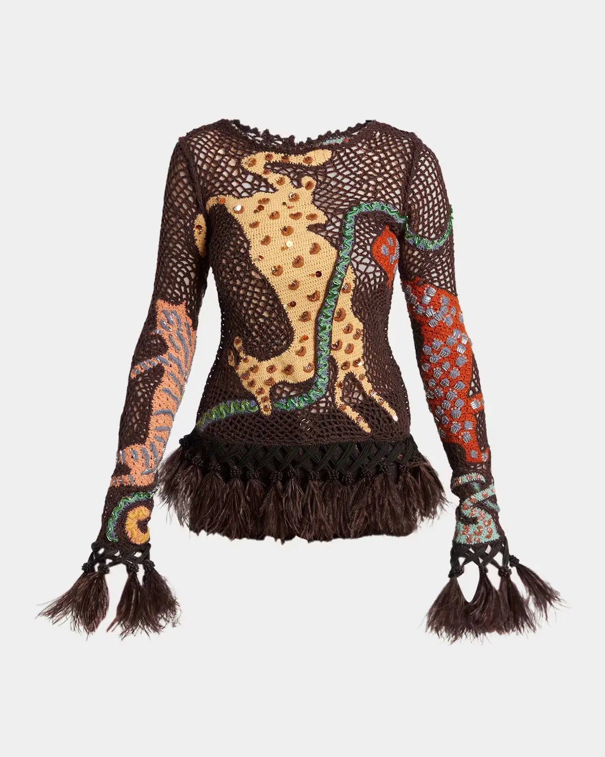 Feather-Trim Animalier Crochet Knit Long-Sleeve Top by ETRO