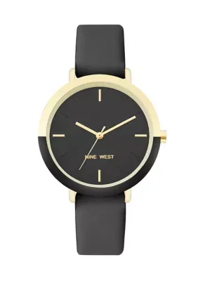 Quartz Round Gold-Tone Black Vegan Leather Watch