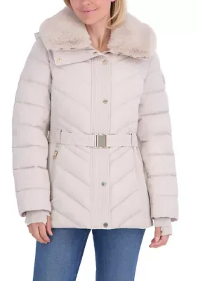 Belted Puffer Jacket with Fur Collar