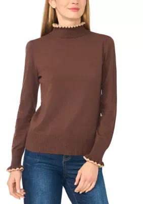Long Sleeve Tipped Ruffle Funnel Neck Sweater by CeCe
