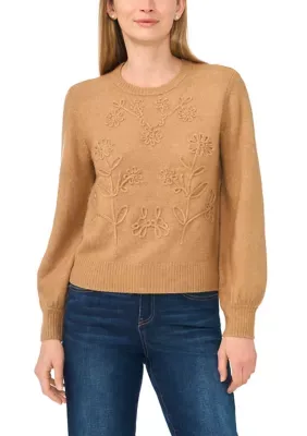 Long Sleeve Floral Soutache Crew Neck Sweater by CeCe