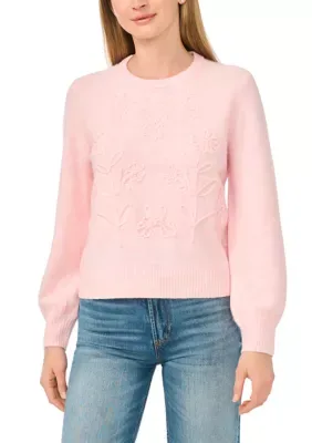 Long Sleeve Floral Soutache Crew Neck Sweater