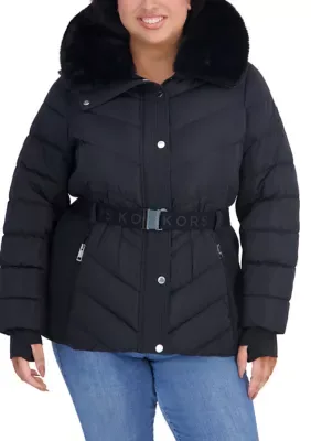 Michael Michael Kors Belted Puffer Jacket with Fur Collar by Michael Kors