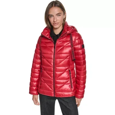 Chevron-Quilted Puffer Jacket with Signature Logo Drawcords by Karl Lagerfeld