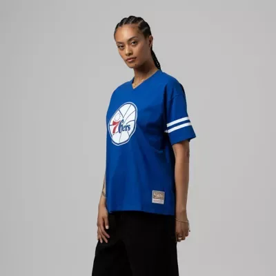 NBA Philadelphia 76ers Hardwood Classics Boyfriend V-Neck T-Shirt by Mitchell & Ness
