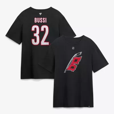 NHL Brandon Bussi Carolina Hurricanes Authentic Stack Name & Number T-Shirt by Fanatics
