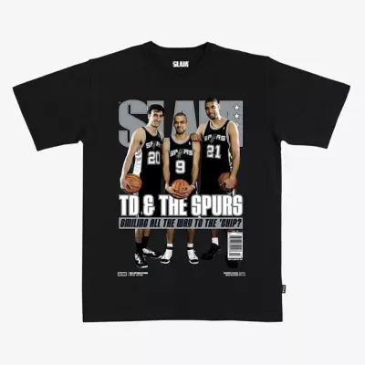 NBA SLAM Tim Duncan, Manu Ginobili & Tony Parker San Antonio Spurs Hardwood Classics Cover T-Shirt by Slam