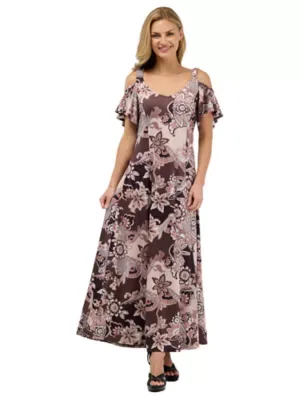 Elevate V Neck Cold Shoulder Ruffle Sleeve Wide a Line Floral Maxi Dress