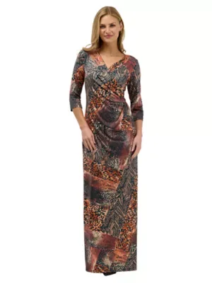 Elevate Animal Print Mid Sleeve V Neck Wrap Waist Slit Long Dress by 24seven Comfort Apparel
