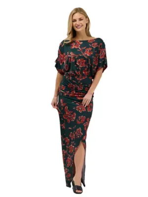 Elevate Floral Short Batwing Sleeve Boat Neck Ruched Waist Long Maxi Dress by 24seven Comfort Apparel